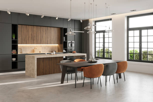 Large modern open space loft interior dining room and kitchen with large kitchen island and bar chairs. Copy space render